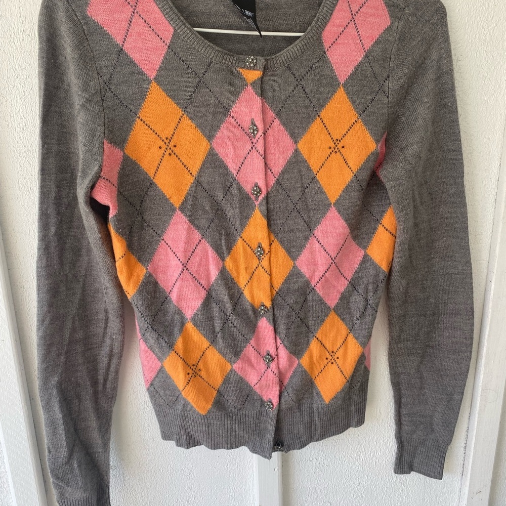 New York & Company Argyle Cardigan in Gray, Pink, and Orange
